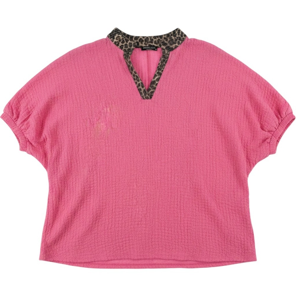Heimish USA Pink Textured Bubble Sleeve Top Leopard Trim VNeck Medium Barbiecore